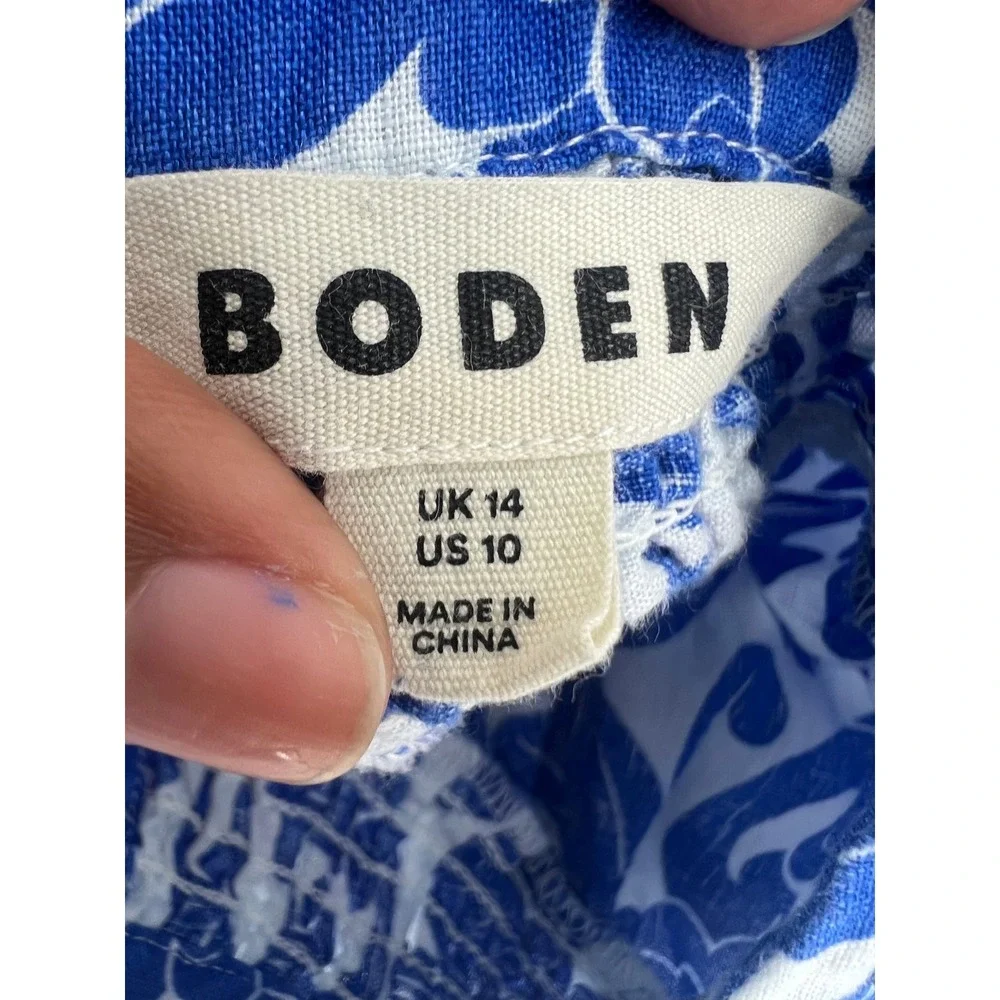 Boden Womens 10 Blue White Floral Linen Smocked Puff Sleeve Button Down Blouse